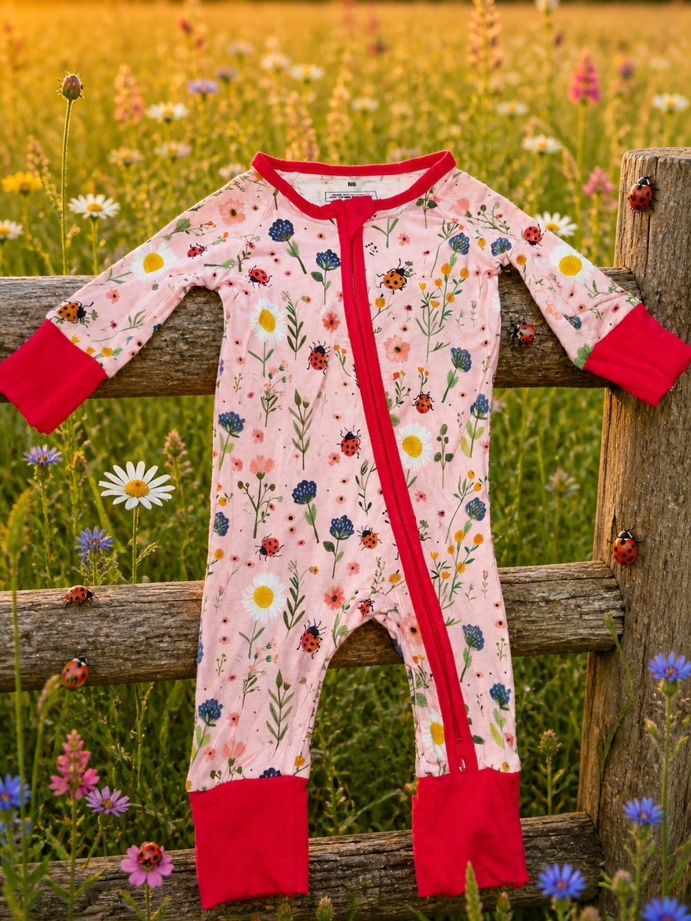 NWOT Pink Floral & Ladybug One-Piece Bamboo Pajamas with Red Trim